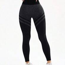 guang zhou mi qian shang mao Slayform Leggings sin costuras de cintura alta a rayas marrones H1178 - Negro01 - Ver 7