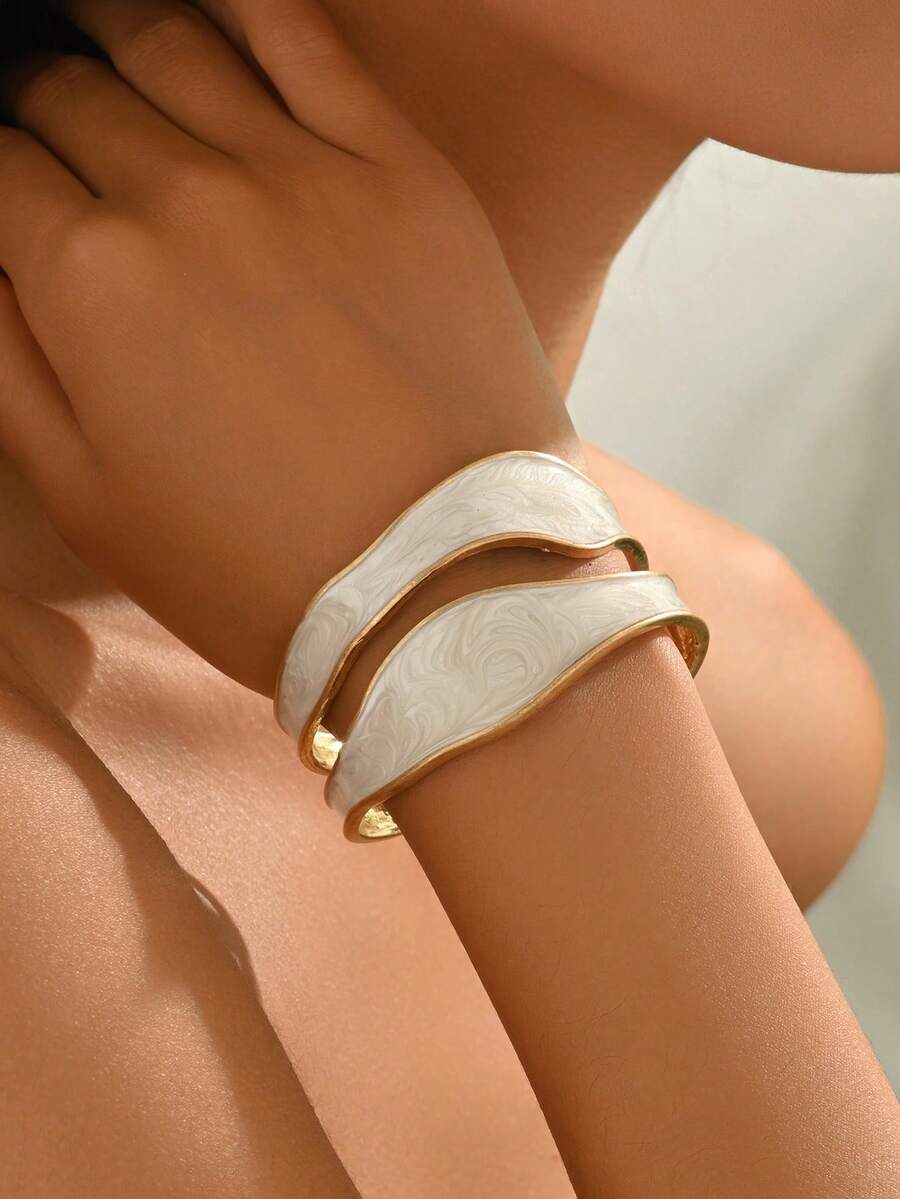 1pc Elegant French Lace White Enamel Bangle, Suitable For Daily Wear - White - View 1