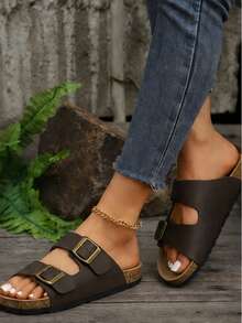 女款極簡露跟舒適度假風 Birkenstocks 風格平底穆勒涼鞋，米色，夏季鞋款 - 巧克力棕 - 查看 7