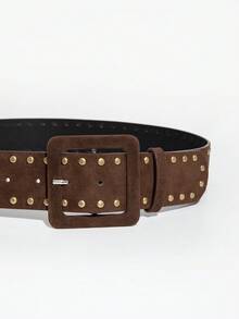 1pc Women's Brown Suede Punk Style Studded Buckle Leather Belt - Brown - View 3