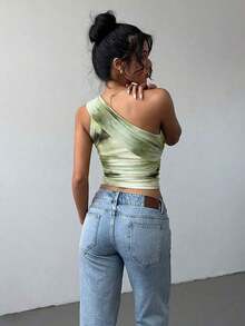 Blusa de hombros descubiertos sin mangas con estampado de teñido anudado, estilo Y2K, de corte ajustado y fruncido con lazo delantero - Azul - Ver 8
