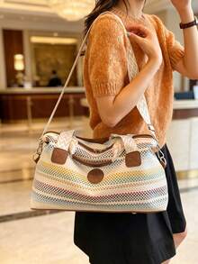 Nueva bolsa de viaje de moda, diseño minimalista de unicolor, PU mate con estilo, adecuada para viajes cortos y fitness, con compartimento independiente para zapatos, gran capacidad, versáti - Champán - Ver 8
