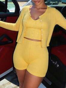 Set de 3 piezas: Top sin mangas de estilo minimalista, chaqueta de cárdigan y pantalones ajustados con cintura alta, elegante y estilizante, primavera/verano - Amarillo - Ver 1