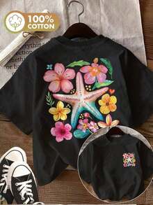 Women's XL 100% Cotton T-Shirt, Double-Sided Tropical Starfish And Hibiscus Flower Print, Crew Neck Short Sleeves, Casual Urban Beach Everyday Y2K Summer Top. - 黑色 - 查看 1