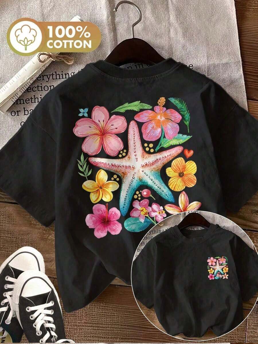 Women's XL 100% Cotton T-Shirt, Double-Sided Tropical Starfish And Hibiscus Flower Print, Crew Neck Short Sleeves, Casual Urban Beach Everyday Y2K Summer Top. - 黑色 - 查看 1