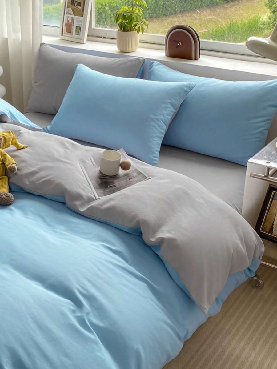 3pcs Blue & White Patchwork Soft Cotton Duvet Cover Set - Baby Blue - View 1