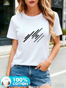 100% Cotton. Summer T-Shirt. 1pac2026 New Women's T-Shirt With Round Neck And Short Sleeves, Featuring A Black And White Diagonal Geometric Pattern Print. 100% Pure Cotton. Vintage Style. Soft And Comfortable. Loose And Simple. Casual Summer Style. - 白色 - 查看 7