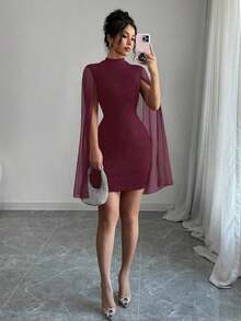 Vestido de capa ajustada con cuello mao de unicolor - Rojo cereza - Ver 7