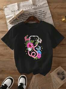 Women's White T-Shirt With Stethoscope, Flclothesal Design For Nurses And Doctors, Casual Women's Clothing, Short Sleeve T-Shirt, Modern Style, Women's Sportswear, Casual Blouses For Ladies - 黑色 - 查看 6