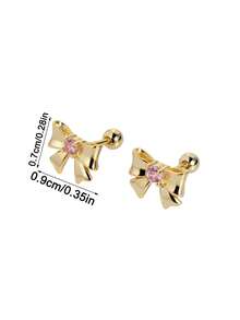 1 Pair 925 Sterling Silver Hypoallergenic Bow Stud Earrings, Cute And Playful, Inlaid With Pink Zirconia, Spiral Ear Backs To Prevent Falling, Exquisite And Adorable, Gift Boxed, Suitable For Daily Or Holiday Wear, Gift For Girls, Gift For Girl, Gift For Friends, Back To School Gift, Holiday Gift - one-size - View 6