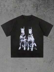 Men's Crew Neck Printed T-Shirt With A Black And White Doberman Design. Comfortably Soft For Everyday Wear. 100% Cotton, 220 Gsm. Fashionable Everyday Essentials And Festive Gifts. Unisex. - 黑色 - 查看 1