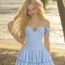 MewMuse.  MOD Vestido mini ajustado de malla de punto con hombros descubiertos, vestido azul claro - Celeste - Ver 3