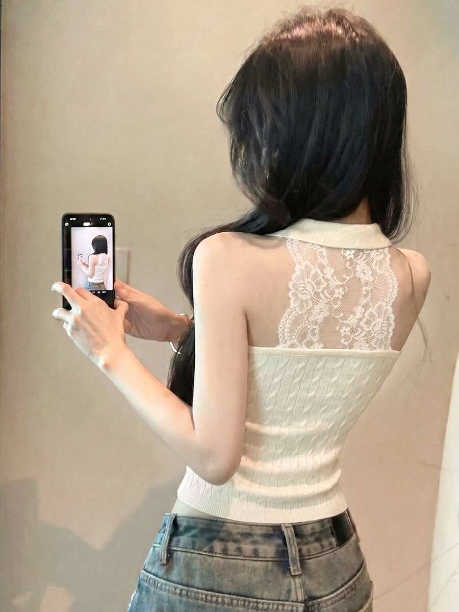 新款春夏韓系杏色緞帶無袖掛脖蕾絲拼接修身背心,優雅設計修身顯瘦,美感風格 - 杏色 - 查看 1