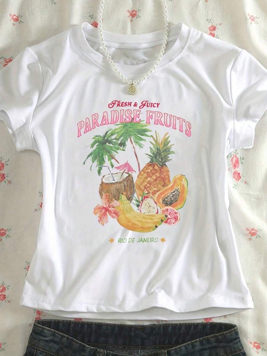 [Summer Blouse With Print] 1 Women's Casual Fitted Blouse, Vacation Style With Coconut, Pineapple, Papaya, Banana, Dragon Fruit, Palm Flower, Star, Fruit And English Letter Print, Creative Design, American Summer Clothes In Ins Style - 白色 - 查看 1