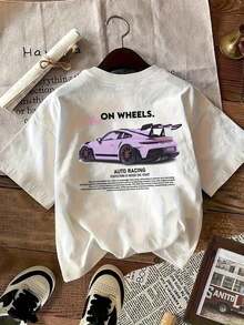 -Women's T-Shirt With Car Print, Suitable For All Seasons. -Cotton T-Shirt. - White - View 4