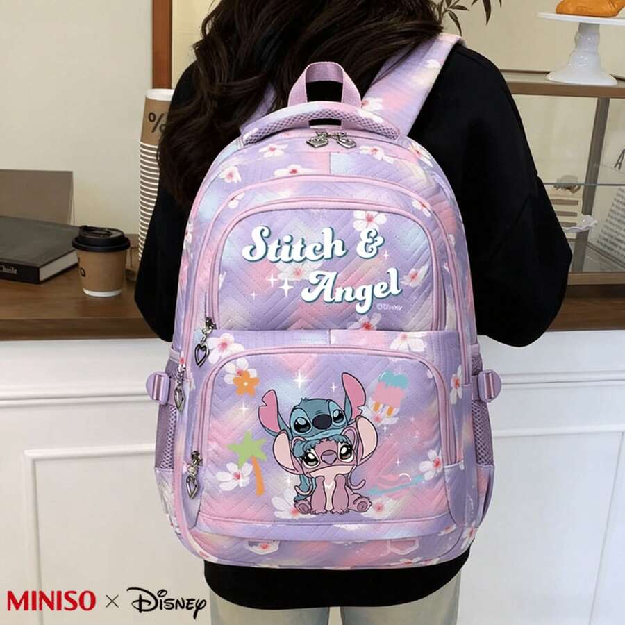 MINISO X Disney Stitch & Angel Backpack, Purple Tie-Dye Floral School Bag Suitable For Office Work, Study, And Travel Use - Light Purple - View 1