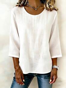 Top de tela tejida de unicolor para mujer para uso diario en primavera y verano blanco - Blanco - Ver 5