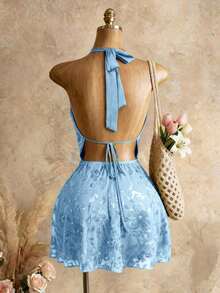Vestido mini con lentejuelas y espalda descubierta para vacaciones en la playa - Azul - Ver 2