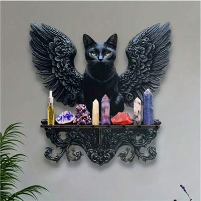 1pc Gothic Black Cat Angel Floating Shelf - Vintage Wooden Wall Mounted Suspended Display Rack For Plants, Candles, Decor - Space-Saving Storage Organizer For Hallway, Bedroom - Requires Assembly, Retro Hanging Suspended Floating Shelf