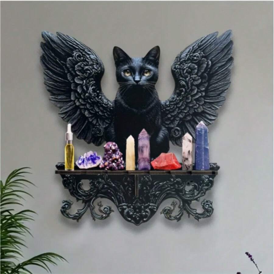 1pc Gothic Black Cat Angel Floating Shelf - Vintage Wooden Wall Mounted Suspended Display Rack For Plants, Candles, Decor - Space-Saving Storage Organizer For Hallway, Bedroom - Requires Assembly, Retro Hanging Suspended Floating Shelf - 1PC - View 1