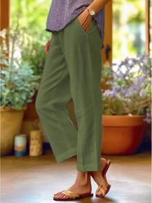 Elastic Waist Cotton Linen Trousers Women Solid Color Loose Straight Leg Casual Pants With Pockets - 軍綠色 - 查看 1