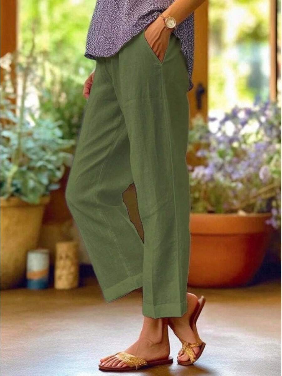 Elastic Waist Cotton Linen Trousers Women Solid Color Loose Straight Leg Casual Pants With Pockets - 軍綠色 - 查看 1