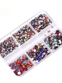Nuevo set de decoración de uñas con 6 compartimentos que incluye cristales de Rhinestone planos y diamantes redondos - Rosa Pálido - Ver 6