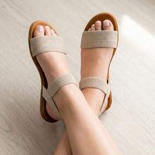 Flat Sandal With Elastic Orthopedic Strap - Beige Ribbed - View 5