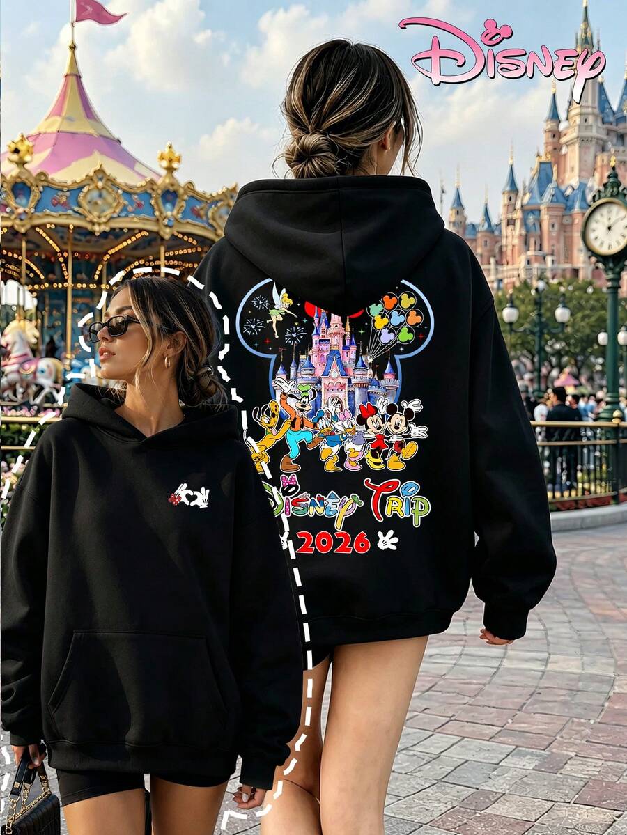 Disney Women's Loose-Fitting Hooded Sweatshirt With Castle And Mickey Mouse Family Print Design On The Front And Back. 2026 Travel-Themed Style, Casual, Comfortable, And Versatile, Suitable For Amusement Parks And Outings. - 黑色 - 查看 1
