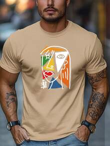 Camiseta de talla grande para hombre, relajada y casual, simple y elegante, camiseta de verano casual de manga corta y cuello redondo con estampado de rostro de estilo geométrico abstracto, TALLA GRANDE - Gris - Ver 8