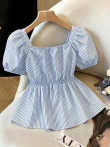 Blusa/camisa casual/de trabajo/de vacaciones con mangas de pétalo, cintura recogida y bajo acampanado, con lazo delantero y rayas azules - Amarillo - Ver 8