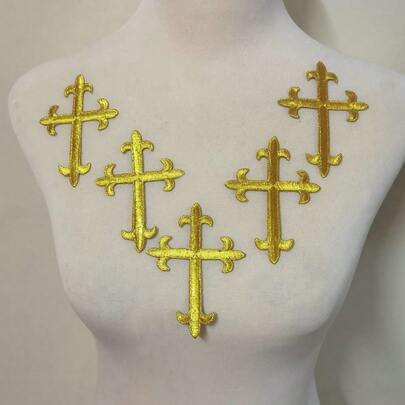 5pcs Vintage Gold & Silver Cross Embroidered Patches