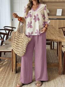 Elouméa Conjunto de 2 piezas de blusa de manga corta con cuello en V y estampado floral, y pantalones holgados, ropa casual de vacaciones, primavera/verano - Multicolor - Ver 3