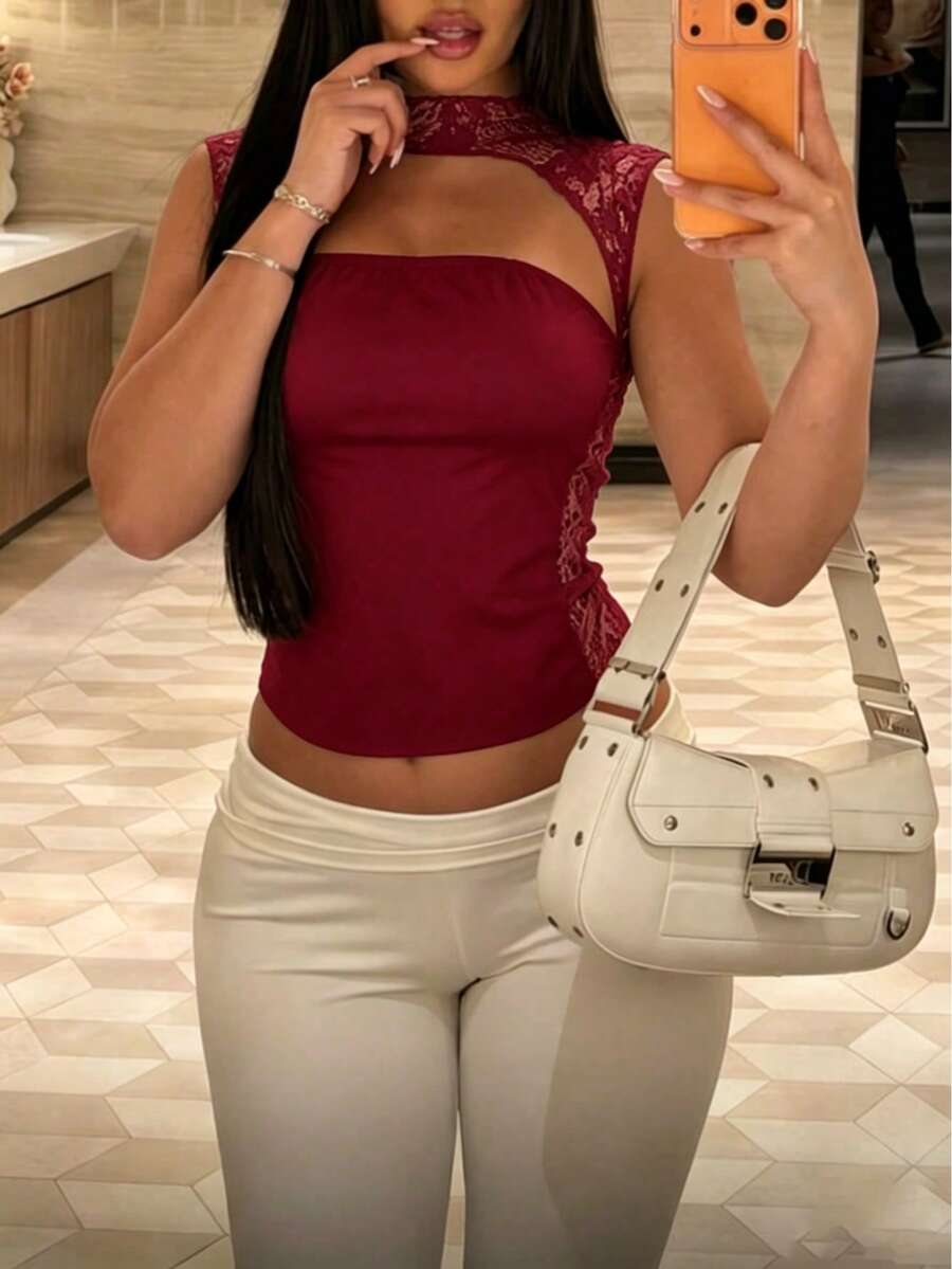 女款夏季蕾絲束腰上衣 情人節短袖上衣 波多黎各度假風 - 酒紅色 - 查看 1