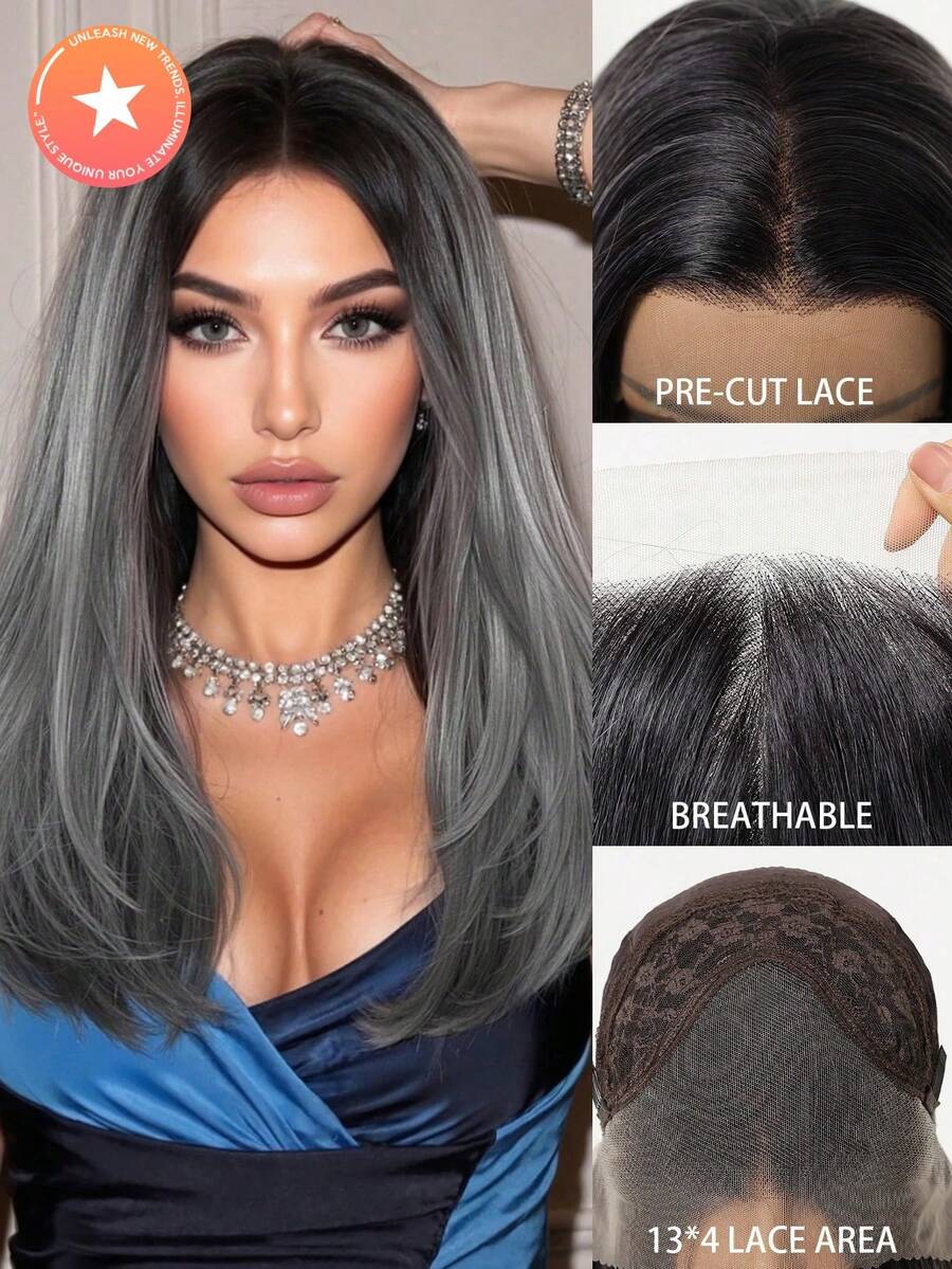 5 étoiles Perruque frontale en dentelle haute définition 13*4 respirante, femmes, violet grisâtre, 26 pouces de long bouclée, sans frange, fibre synthétique résistante à la chaleur, convient pour le cosplay, les festivals, les costumes d'Halloween, très à la mode - Mauve - Voir 1