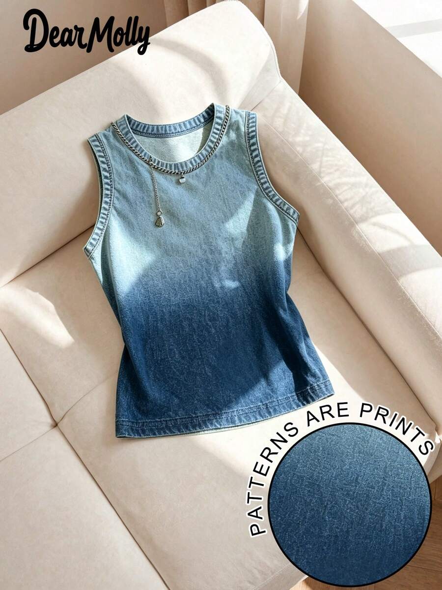 DEAR MOLLY Top Cropped Denim com Estampa Ombré, Gola Redonda, Camisa Justa Sexy com Barriga à Mostra, Estilo Americano de Rua, Casual de Verão para Uso Diário - Azul - Ver 1