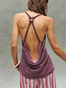 Top sin espalda de punto de unicolor con cuello drapeado para mujer - Morado - Ver 5