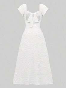 Vestido largo elegante y delgado de unicolor con espalda descubierta, lazo y mangas de loto con abertura alta, para vacaciones y citas en primavera/verano - Albaricoque - Ver 7