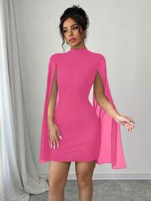 Solid Color Fitted Cape Dress With Mandarin Collar - Red - View 5