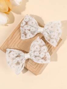 2pcs White Daisy Embroidered Mesh Bow Floral Lace Hair Clips, Elegant Butterfly Alligator Clips, Sweet Countryside Style Hair Accessories For Daily Wear & Party, Suitable For Teenagers - White - View 12