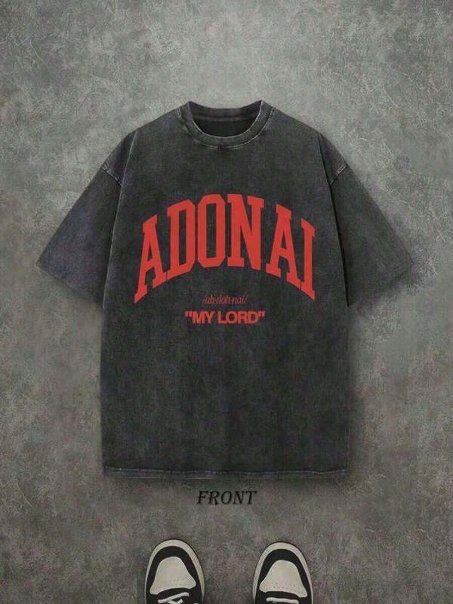 Retro Washed T-Shirt With Single-Sided Print (230g Pure Cotton T-Shirt) With 'ADONAI MY LORD' Letter And Pattern Print, Men's T-Shirt, Casual Men's T-Shirt, Comfortable And Fashionable T-Shirt, Urban Style Summer Clothing For Men And Women, Graphic T-Shirts - 白色 - 查看 1