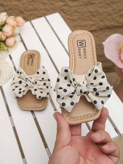 Chanclas con lazo para niñas, 1 par, cuero PU suave & cómodo, nuevo estilo de verano, rosa, beige, sandalias de punta abierta con lunares negros