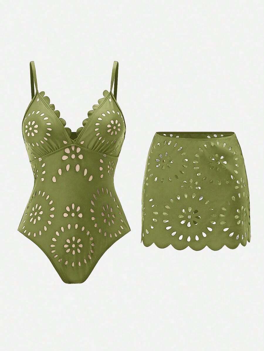 Swim Oasis Traje de baño de una pieza elegante y maduro estilo BOHO a juego, para playa y resort de primavera/verano - Verde - Ver 1