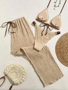 Swim Vcay Conjunto de 3 piezas de traje de baño para mujer, primavera/verano 2026, incluye traje de baño, shorts de baño, falda, tela especial, conjunto de traje de baño elegante y casual para playa y resort - Marrón 2 - Ver 7