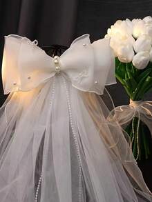1 Stück eleganter Brautschleier mit Schleife, romantisches Spitzen-Hochzeitshaaraccessoire, transparentes weißes Tüll-Design, geeignet für Bräute und besondere Anlässe - Weiss - Übersicht 3