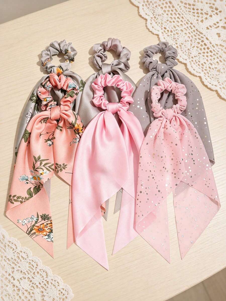 3件套浅粉色/灰色纯色缎面方巾、波点丝带发圈，休闲波西米亚复古风涤纶纤维 - 彩色 - 查看 1