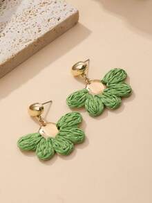 1 Pair Green Raffia Woven Floral Earrings, Metal Disc Combination Earrings, Niche Design, French Style Vacation Versatile Earrings Suitable For Daily, Work, Beach, Gathering With Friends, Birthday Party, Casual Wear - Green - View 4