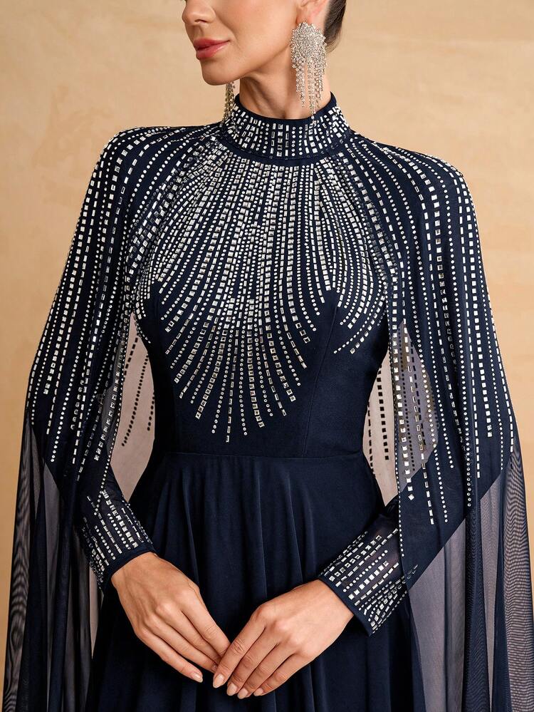 YISIKADO Women's Luxury Rhinestone Cape Formal Evening Gown, High Neck Long Sleeve Maxi Dress For Ball, Party, Dinner, Wedding Guest, Evening Event Fall - Navy Blue - View 6