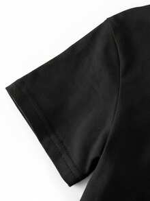 2 peças/Conjunto Roupa Casual e Fofa para Meninas, Top de Manga Curta com Estampa de Número e Shorts Listrados - Preto - Visão 5