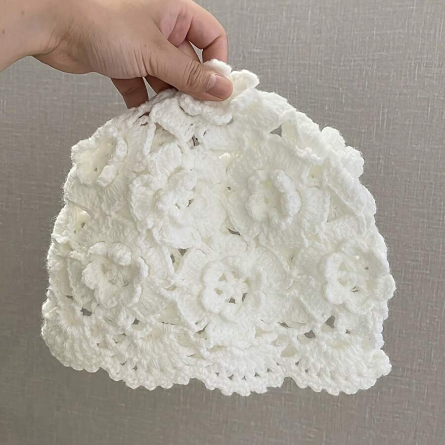 1 pieza Bolso Floral de Mano Tejido a Ganchillo Multicolor para Mujer, Bufanda para la Cabeza, Gorro Hueco Transpirable para Mujer, Gorro de Estilo Nuevo, Sombrero para Clima Frío - Blanco - Ver 1